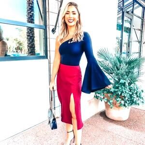 Socialite Skirt cherry red midi skirt with slit size medium